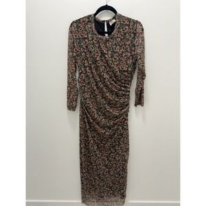 DRA Los Angeles Floral Mesh Ruched Maxi Dress Size‎ L Long Sleeve Bodycon Boho